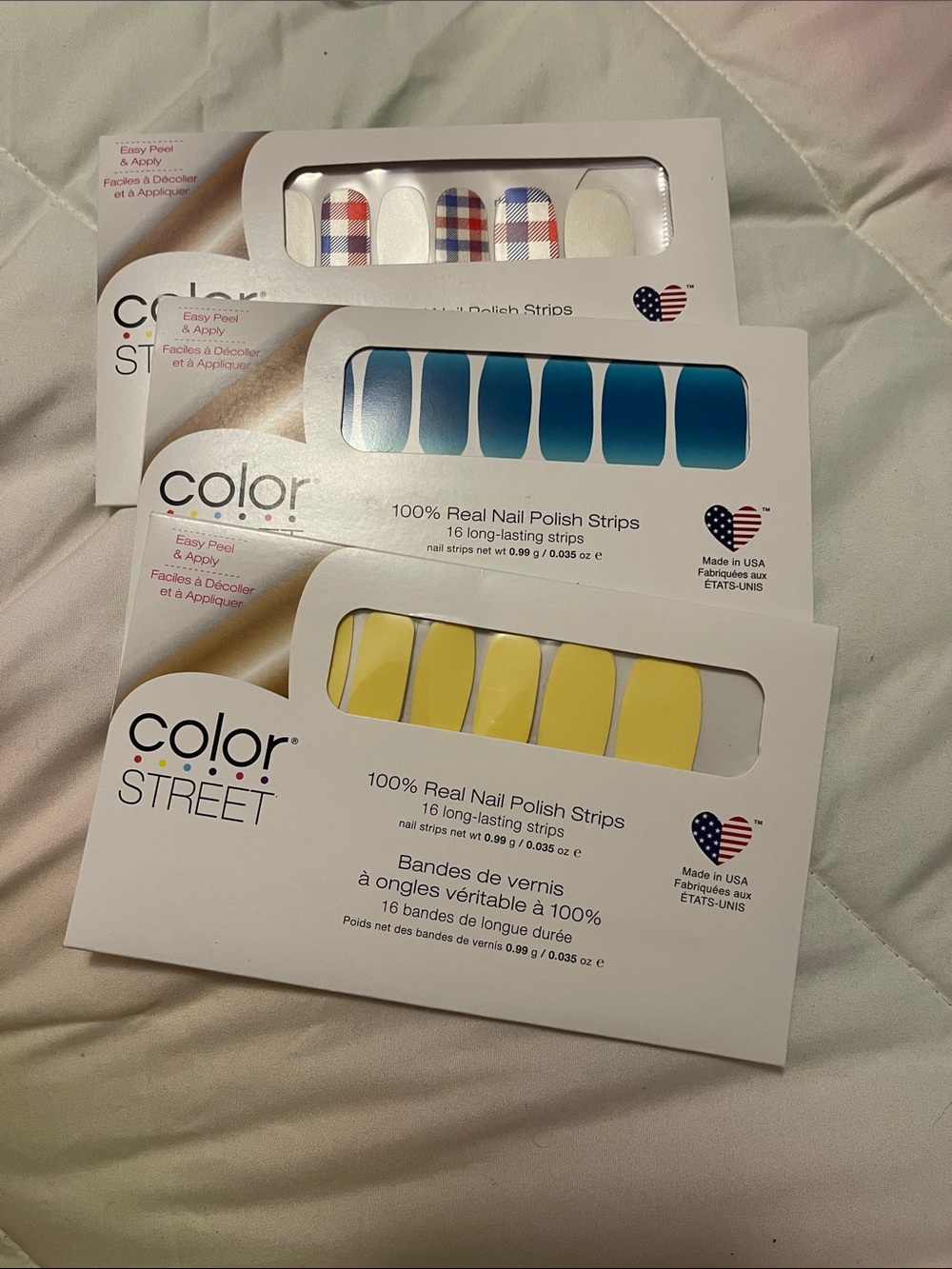 Color Street Bright Yellow, Teal Blue & Red-White-Blue Plaid Nail Strips